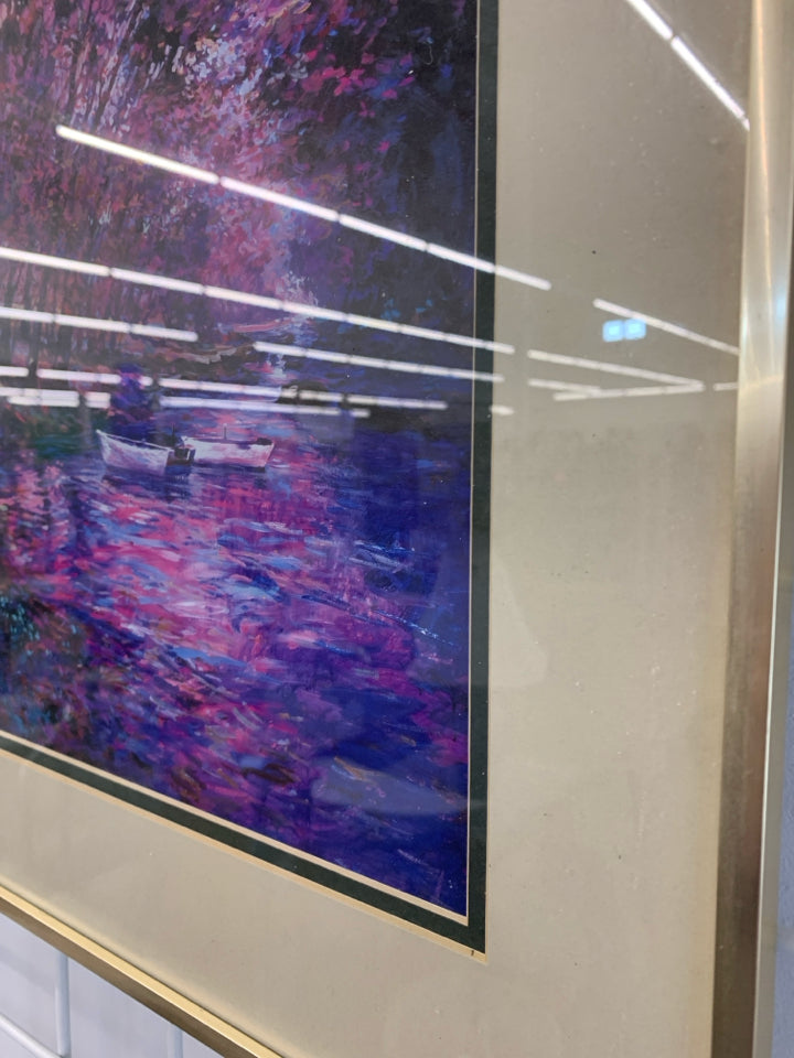FRAMED PURPLE FLORAL LANDSCAPE PRINT.