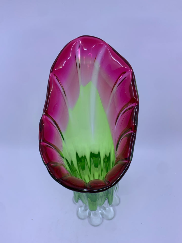 VINTAGE PINK AND GREEN ART GLASS SWUNG FOOTED VASE.