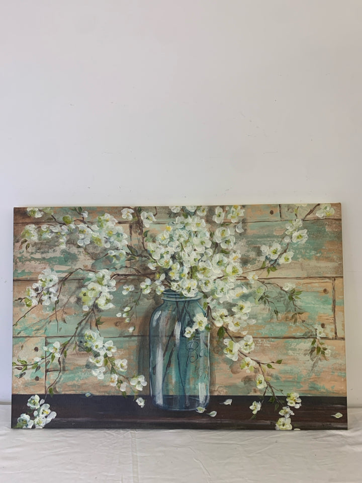 BLUE BALL JAR W/ WHITE FLOWERS DISTRESSED WOOD/TEAL WALL CANVAS.