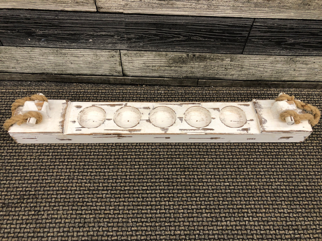 WOOD DISTRESSED 5 SECTION CANDLE HOLDER W/ROPE ENDS.