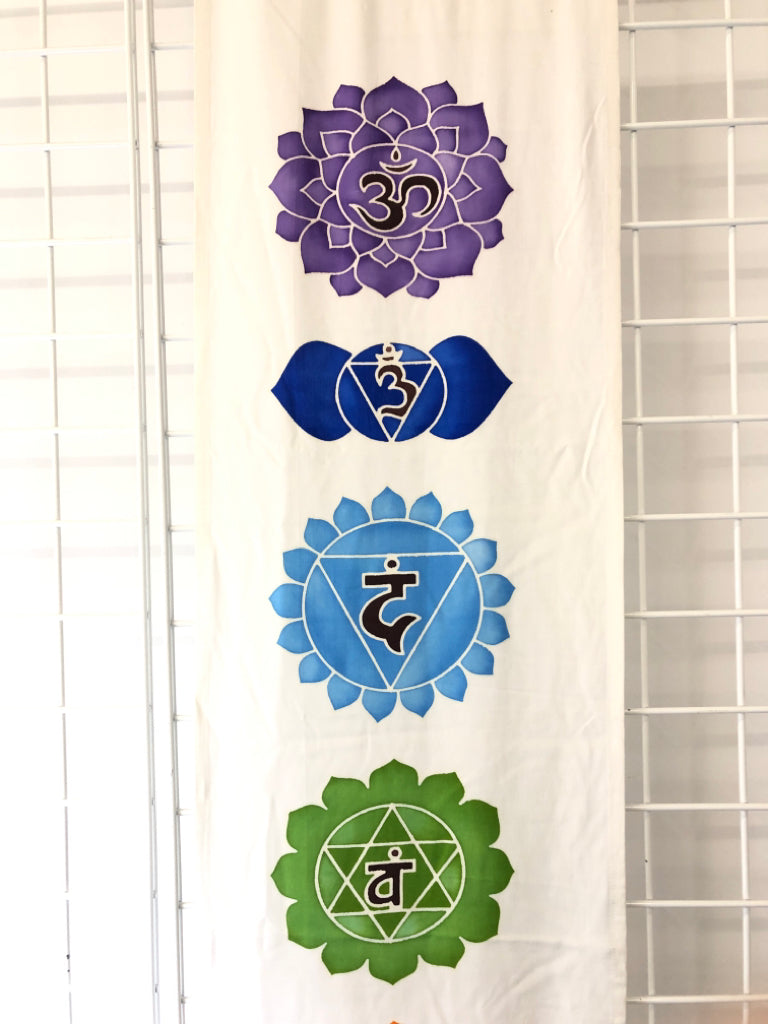 WHITE SYMBOLS TAPESTRY WALL HANGING.