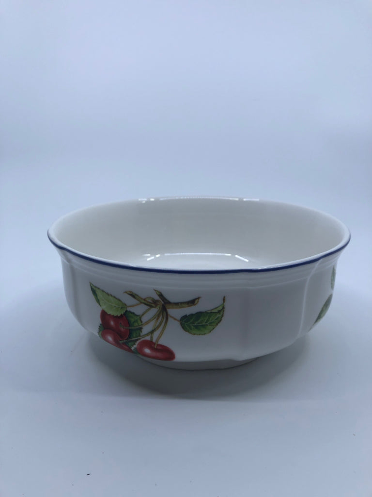PORCELAIN WHITE BOWL BLUE TRIM APPLES- COTTAGE.