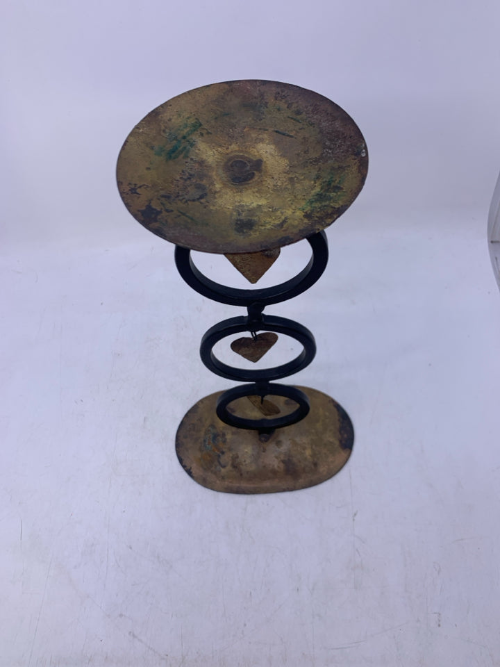 METAL RUSTIC PILLAR CANDLE HOLDER W/ HEARTS/CIRCLES.