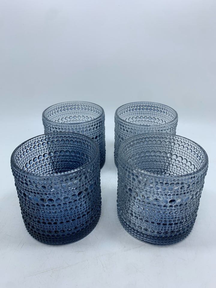4 TEXTURED BLUE GLASS TUMBLERS.
