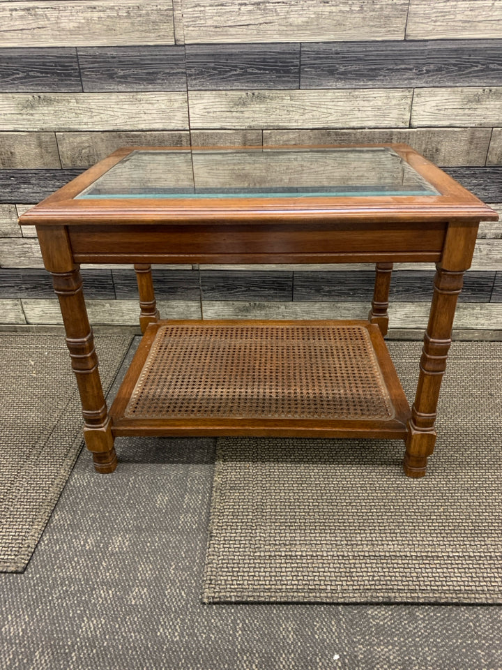 DARK WOOD GLASS TOP SIDE TABLE W BOTTOM SHELF.