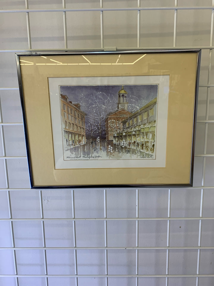 SNOW FANEUIL HALL CITY SCAPE FRAMED PRINT.