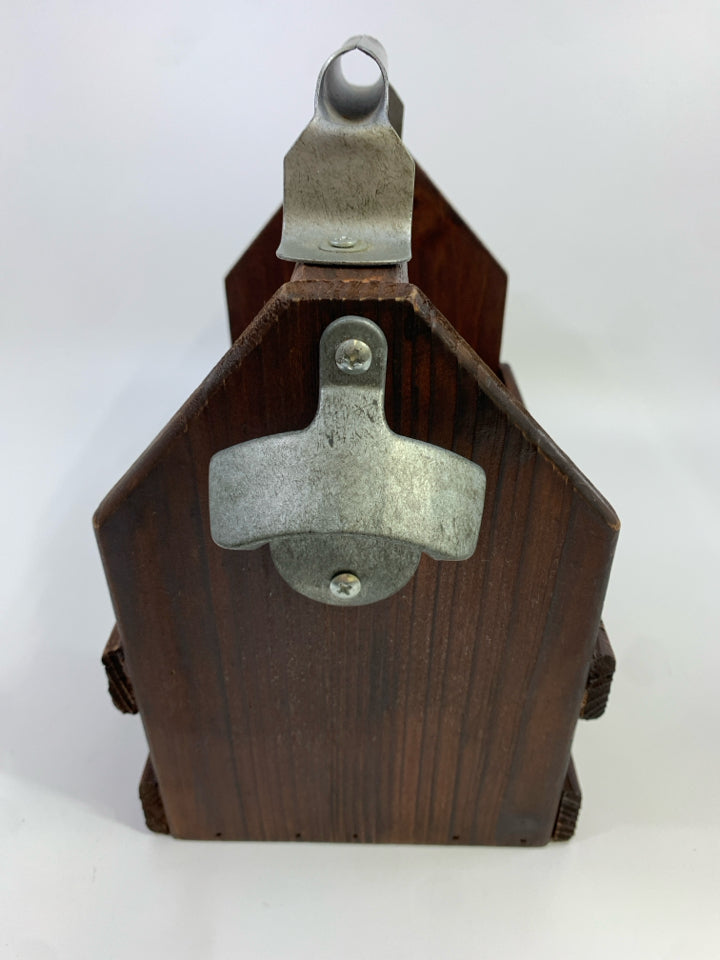 WOOD BOTTLE CRATE W/METAL BOTTLE OPENER.