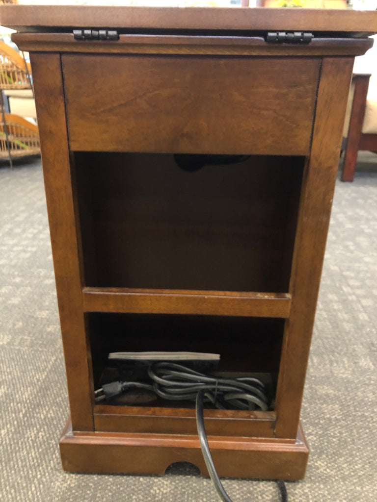 WOOD SIDE TABLE W/CUP HOLDER DRAWER SHELF & POWER STRIP.