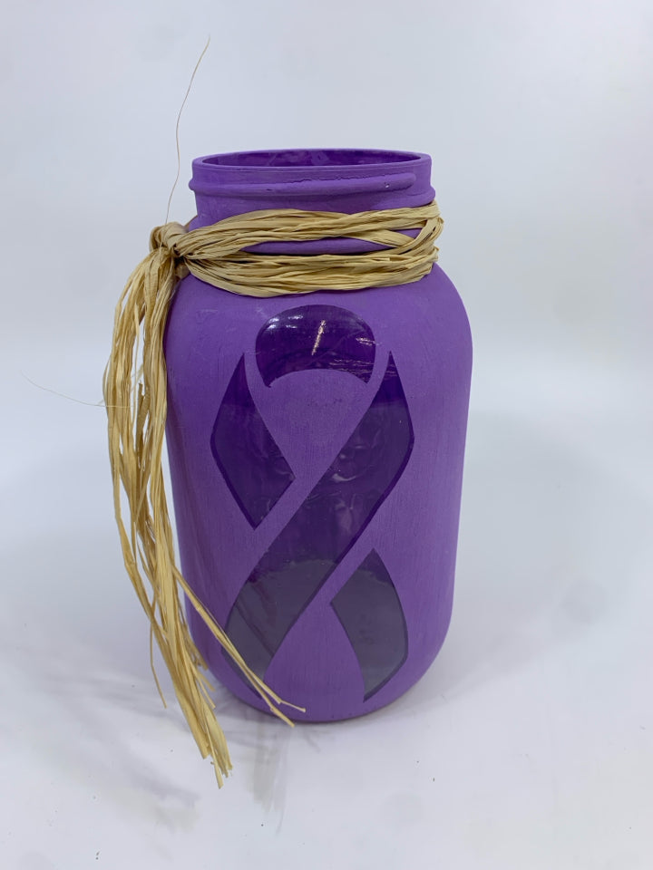 PURPLE MASON JAR TEA LIGHT HOLDER W/CANCER RIBBON.