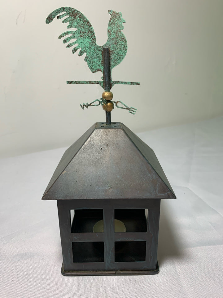 RUSTIC METAL TEA LIGHT HOLDER W ROOSTER WEATHER VANE.