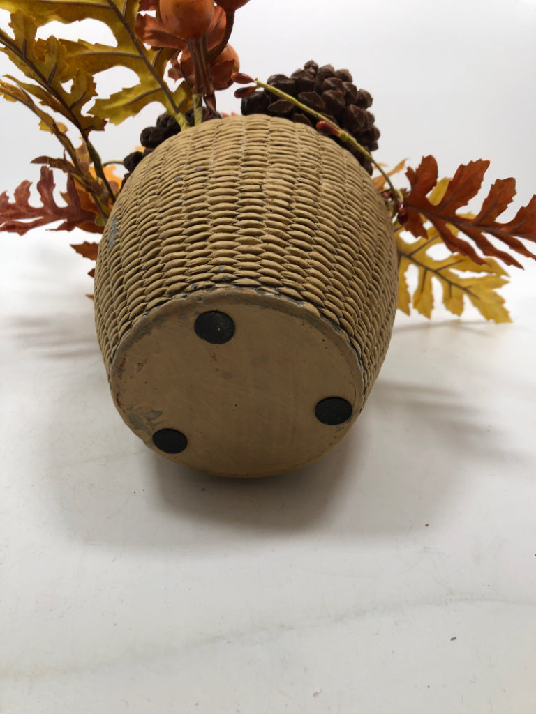 AUTUMN LEAVES/PINECONES IN WOVEN STONE VASE.