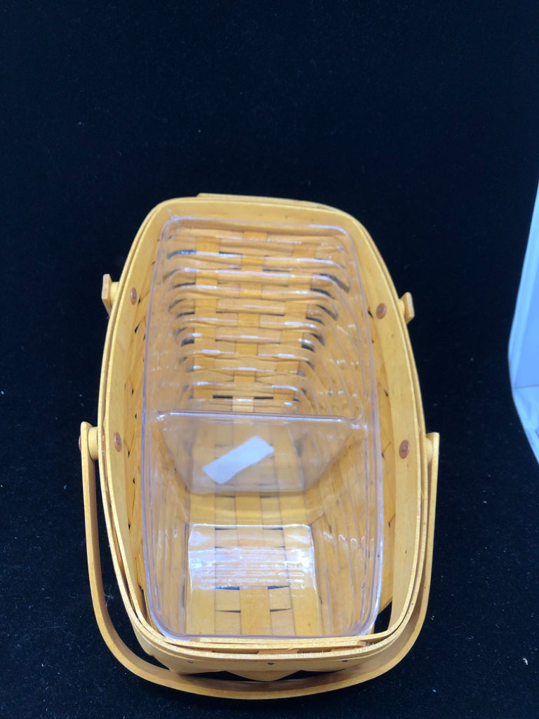 2002 SLANTED BASKET W DIVIDED PLASTIC LINER AND DOUBLE HANDLES.