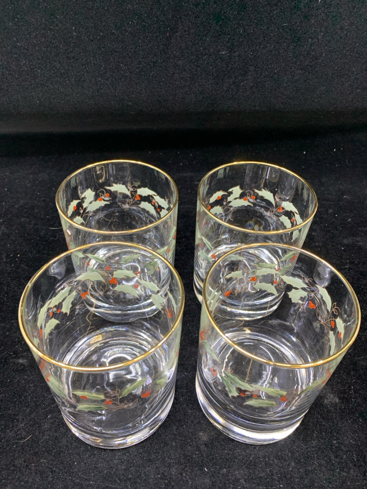 4 CLEAR GLASS WATER GLASSES HOLLY DESIGN GOLD RIM.