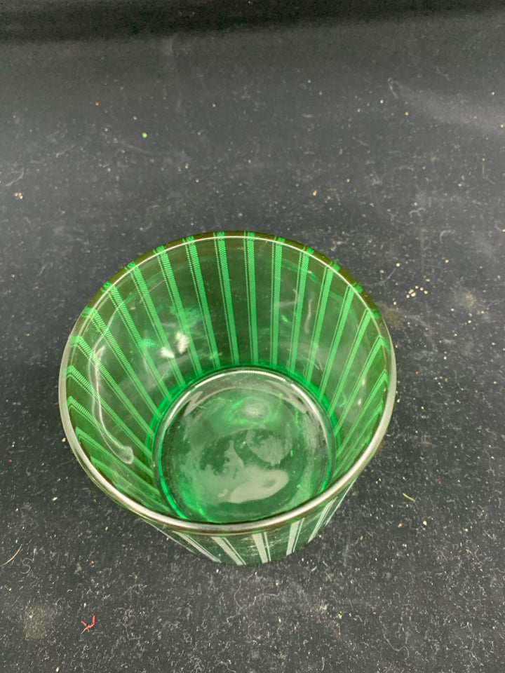 GREEN GLASS WITH WHITE DETAIL CANDLE HOLDER.