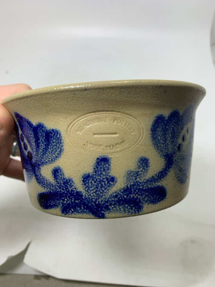 VTG SALT GLAZED COBALT BLUE FLOWERS SMALL CROCK.