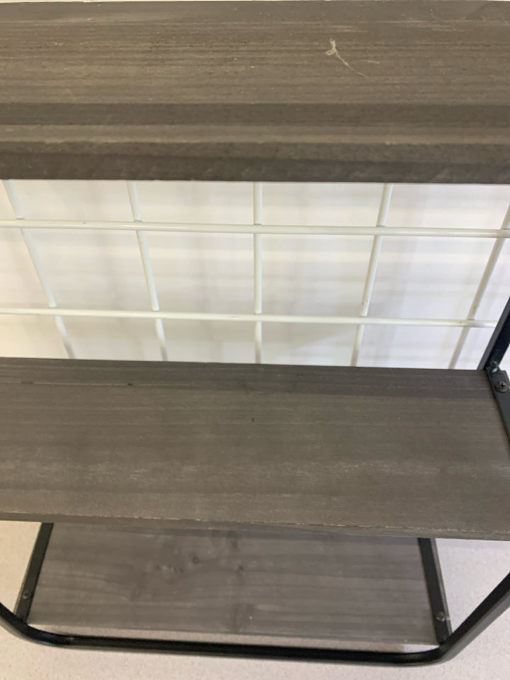 3 TIER GREY SHELVES W/METAL FRAME WALL HANGING.
