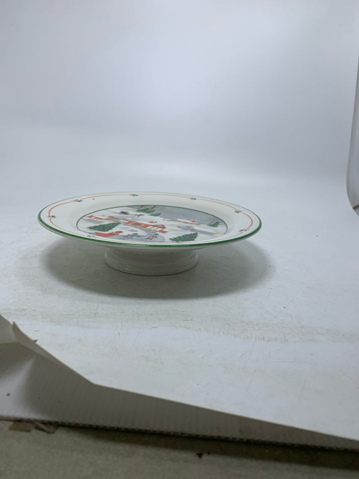SMALL SANGO CAKE STAND W/ HOLIDAY THEMED TOWN SCENE.