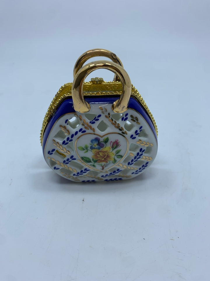 PORCELAIN PURSE TRINKET BOX.