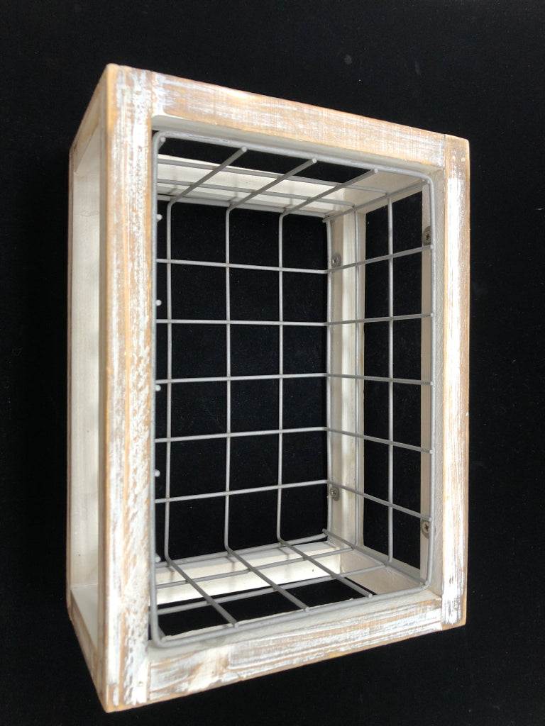 WOOD FRAME GREY METAL STORAGE BIN.