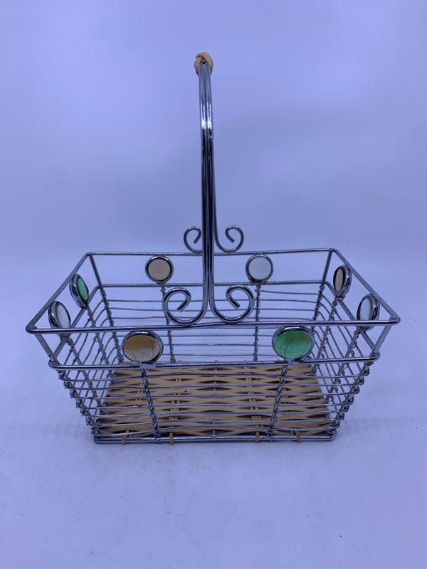 METAL BASKET WITH GREEN,TAN, CLEAR JEWELS WITH HANDLE.