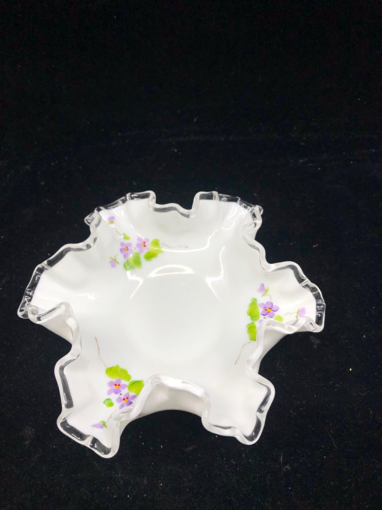 VTG PURPLE FLORAL WHITE RUFFLE EDGE BOWL- SIGNED.