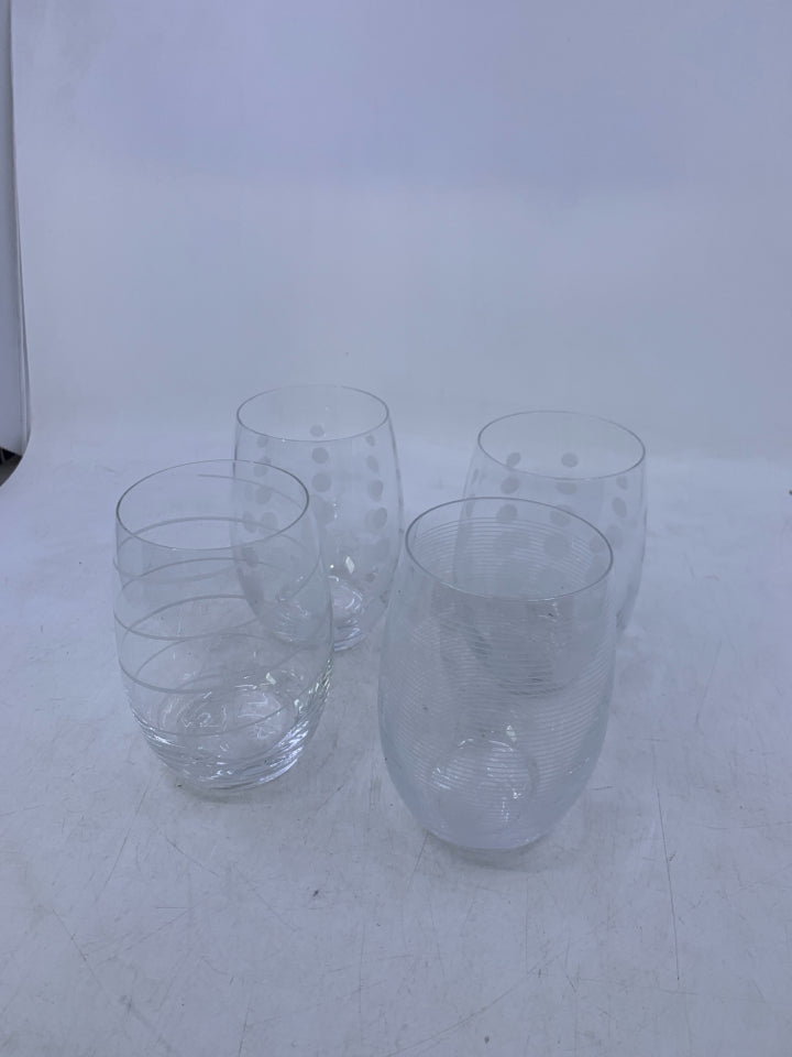 4 STEMLESS ASSORTED DETAILED WINE GLASSES.