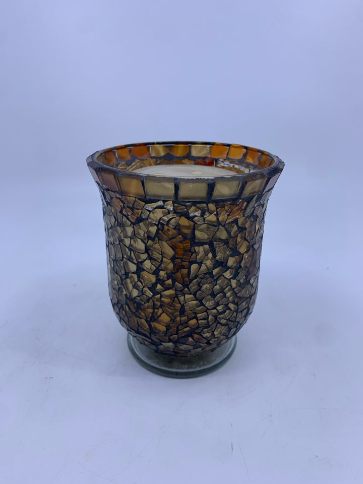 ORANGE MOSAIC CANDLE HOLDER W CANDLE.