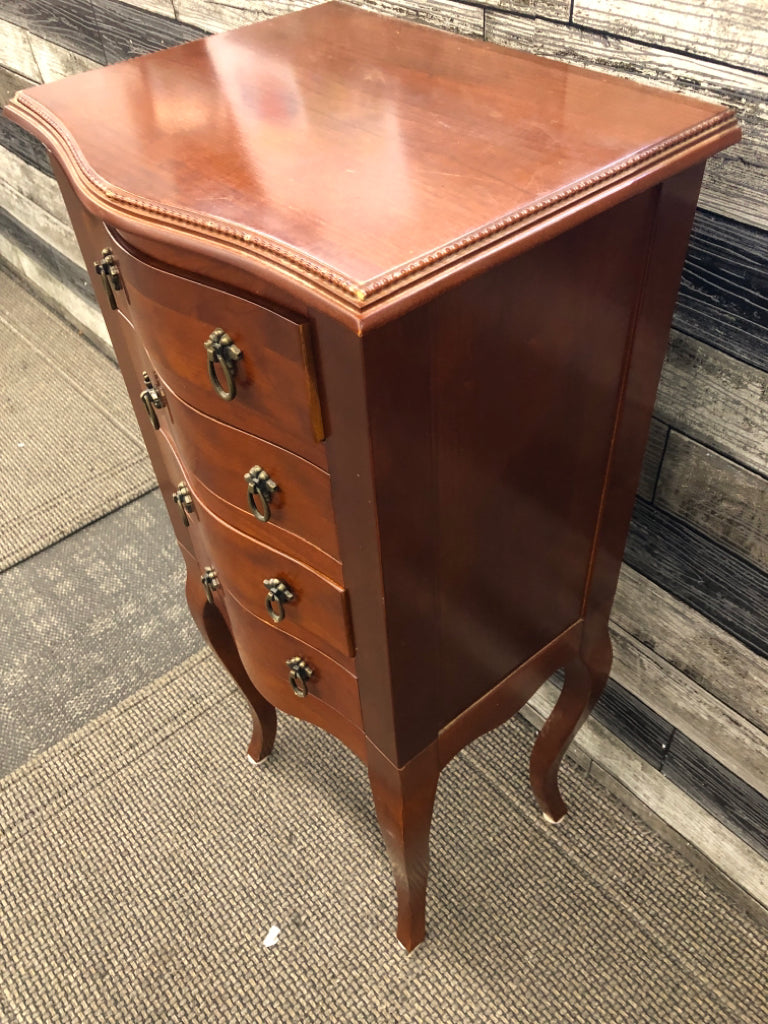 WOODEN STANDING JEWELRY BOX W/4 DRAWERS&GREEN VELVET.