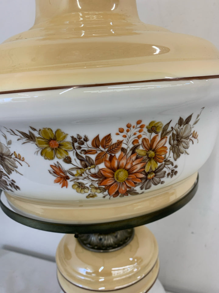 VTG ORANGE IRIDESCENT FLORAL HURRICANE PARLOR LAMP.