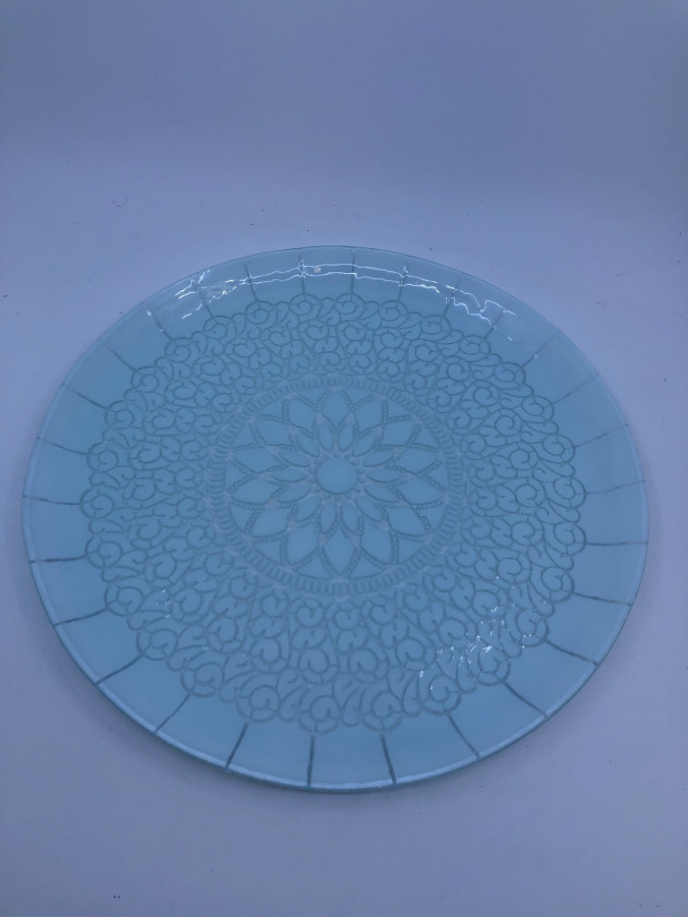 LIGHT BLUE/CLEAR GLASS MEDALLION PATTERN PLATTER SIGNED.