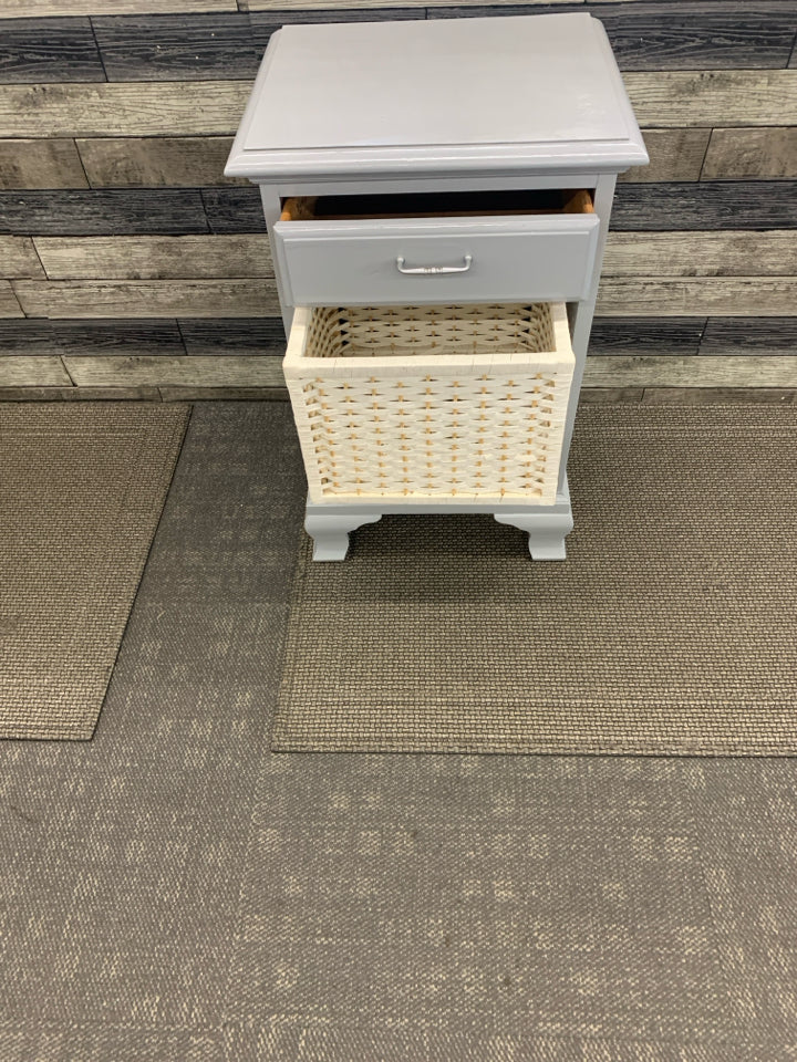 FOOTED GREY PAINTED NIGHT STAND W 2 DRAWERS AND WHITE BASKET.