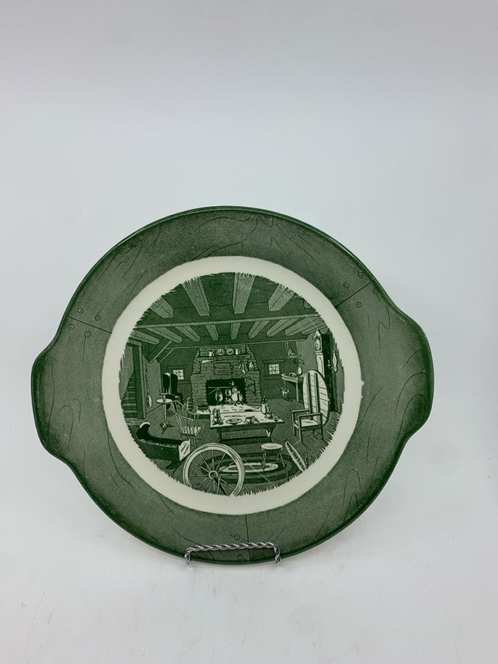 VTG GREEN COLONIAL HOMESTEAD SERVING PLATTER.