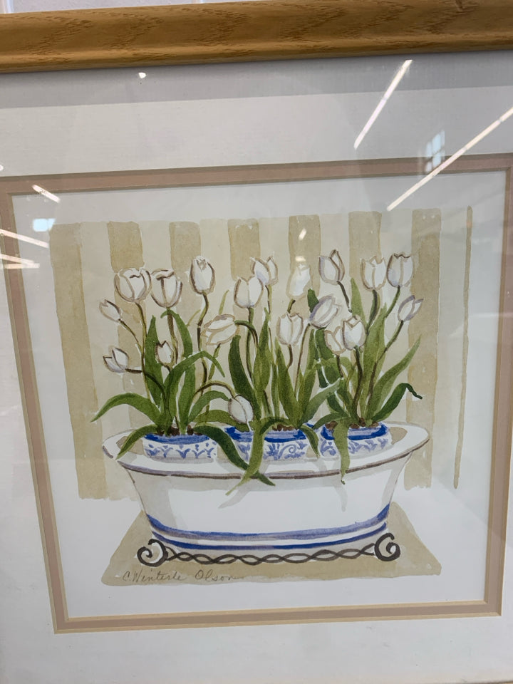 WHITE TULIPS IN LG VASE PRINT IN TAN WOOD FRAME.