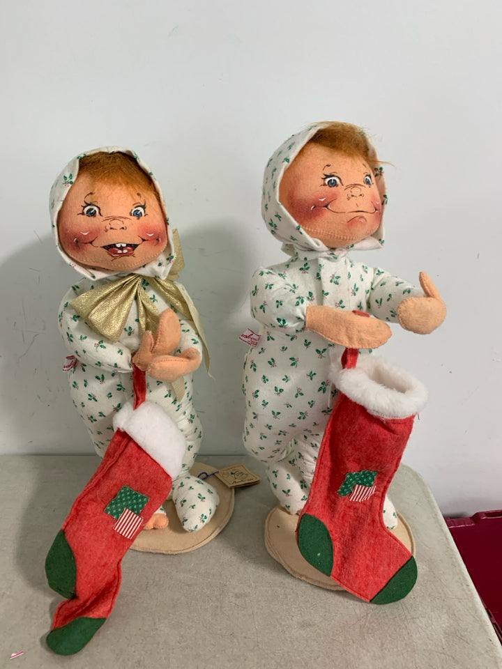 2 VTG LARGE ANNALEE MOBILITEE BOY/GIRL PJ'S STANDING WIRE POSABLE.