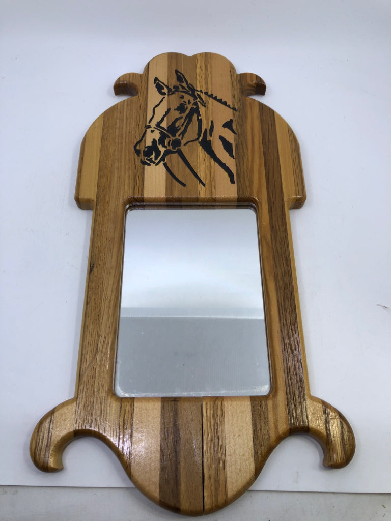 WOOD MIRROR W/ENGRAVED WOOD-BURNED HORSE.