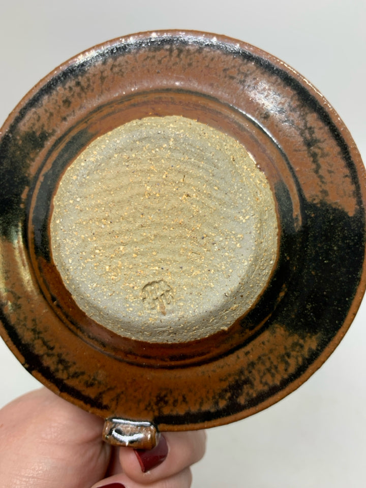 SHORT BROWN/BLACK TAPERED CANDLE HOLDER POTTERY.