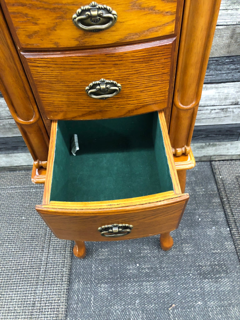 OAK WOOD 4 DRAWER JEWELRY ARMOIRE.