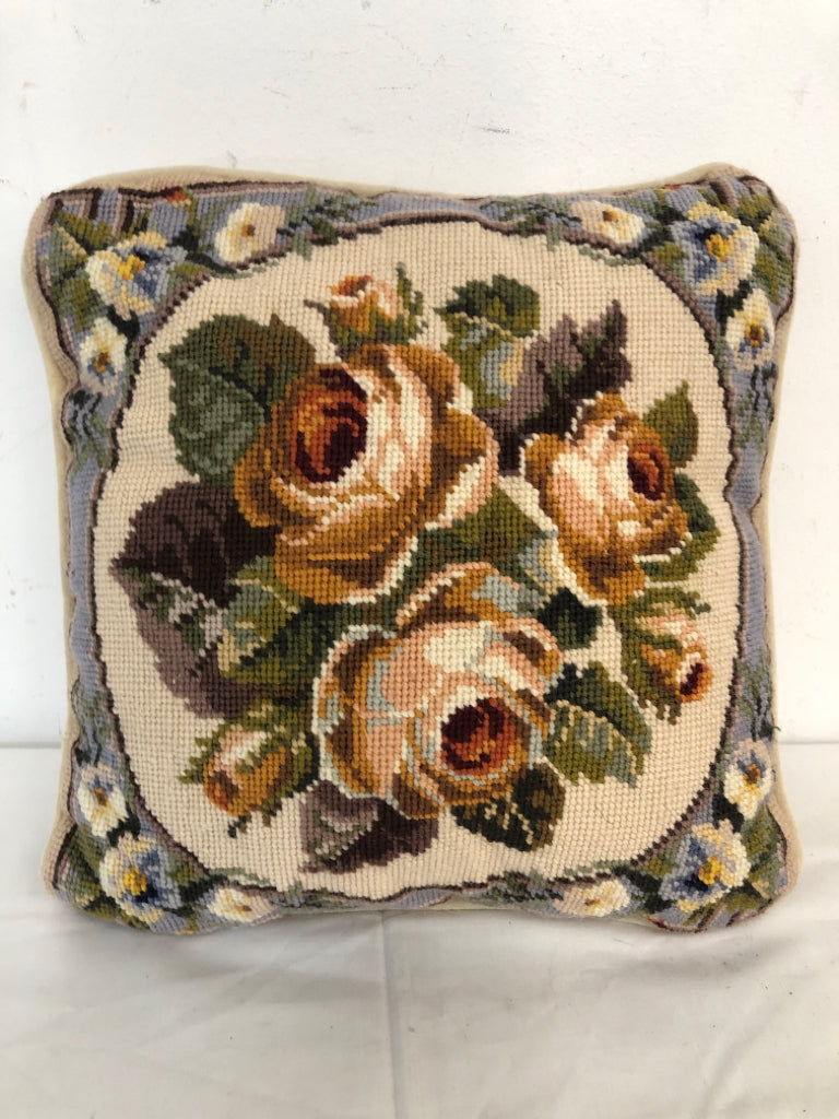 ROSE NEEDLEPOINT SMALL SQUARE PILLOW.