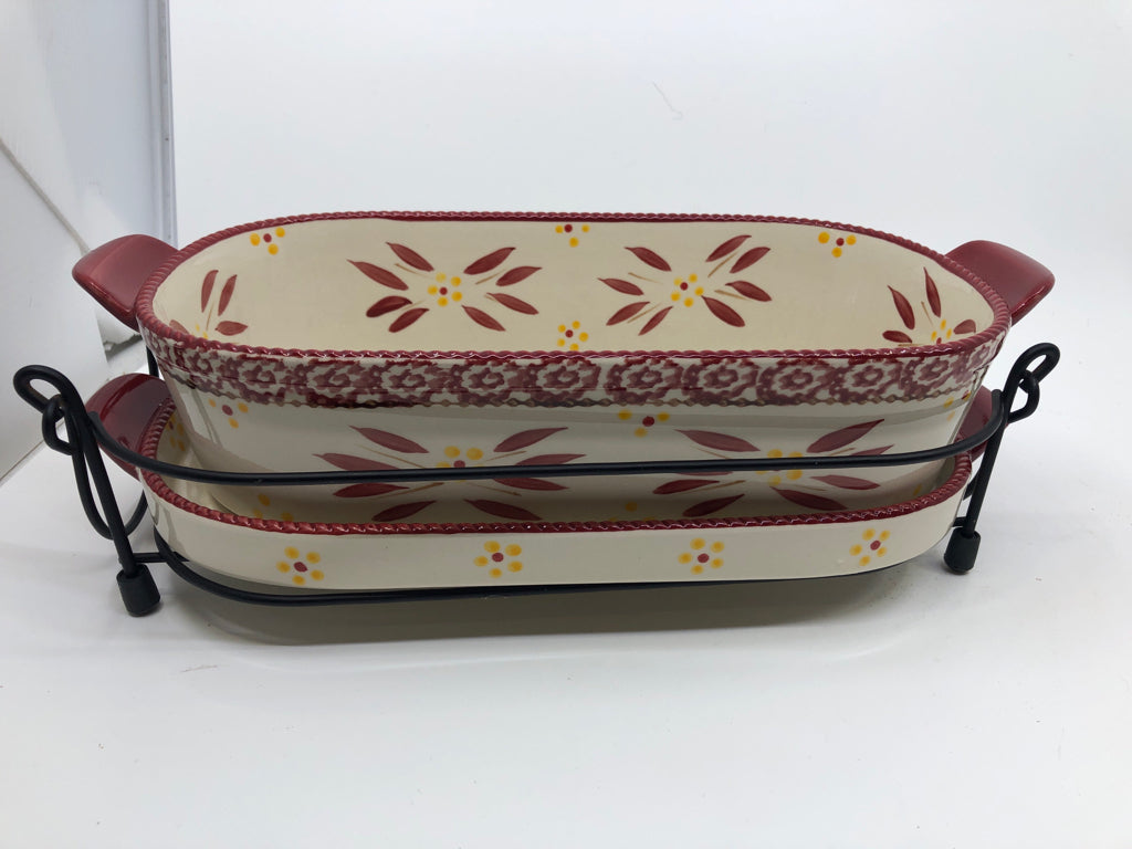 3 PC OVAL SERVING DISH SET WITH HOLDER RED/CREAM/YELLOW FLOWERS.