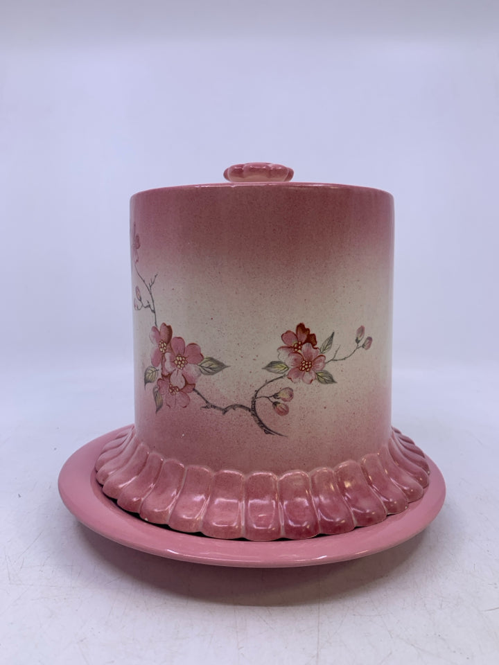 2 PC VTG PINK CERAMIC CAKE STAND/DOME W/ FLOWERS.