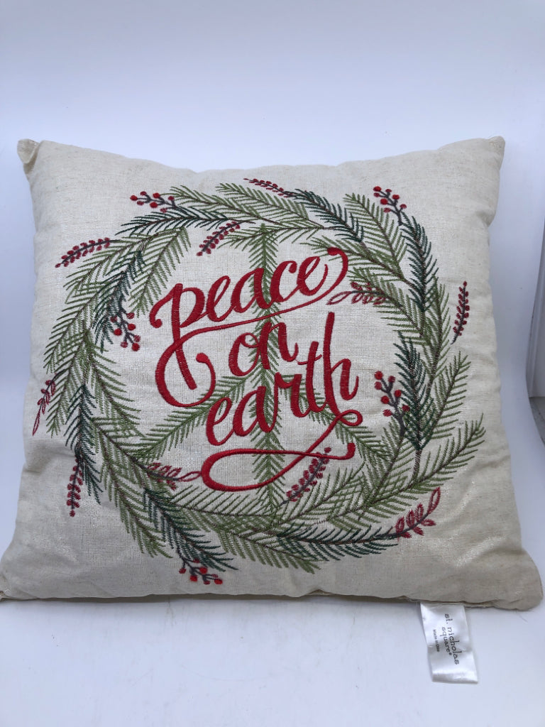 CREAM "PEACE ON EARTH" ACCENT PILLOW.