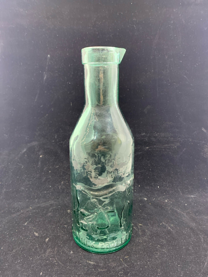 VTG GREEN GLASS MILK BOTTLE.