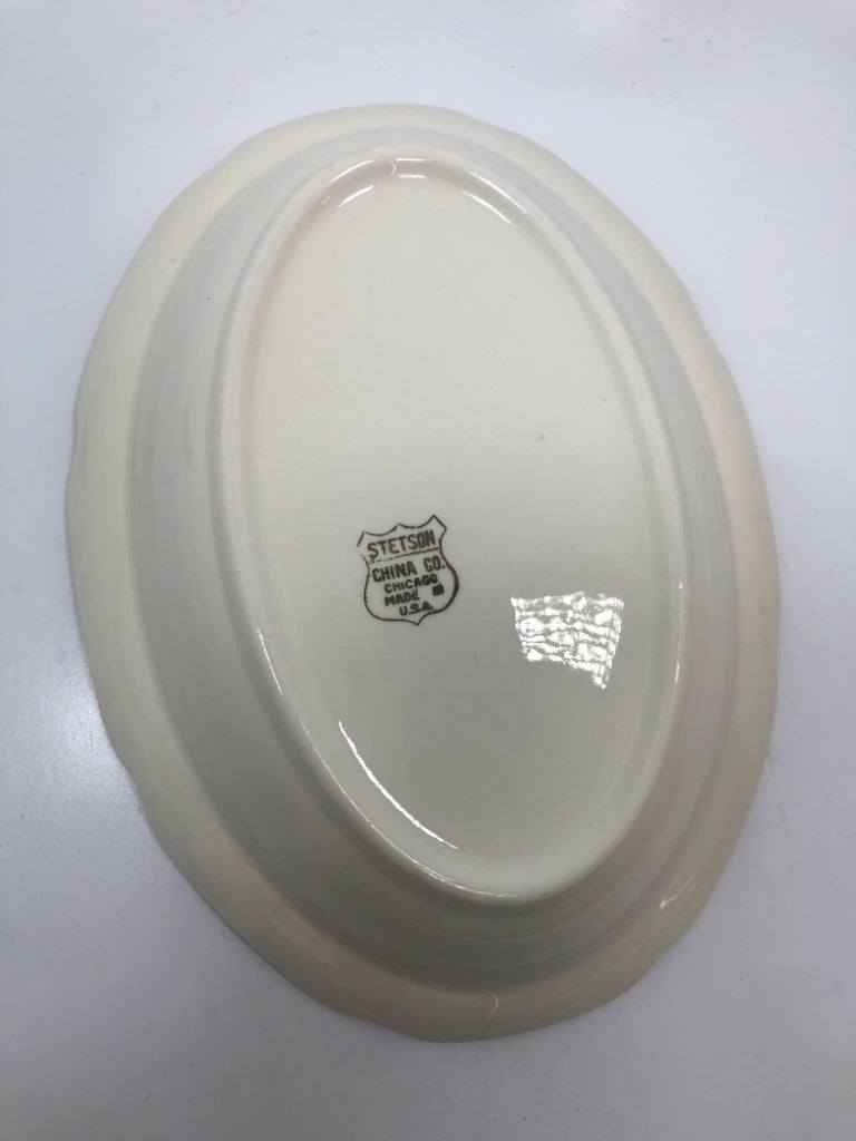 VTG PINK FLORAL OVAL SERVING BOWL W/GOLD RIM.