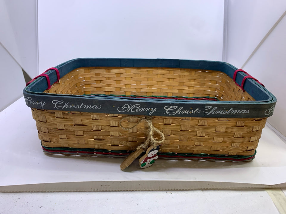 GREEN AND BLONDE RECTANGLE MERRY CHRISTMAS BASKET.