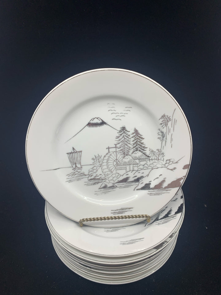 10 VTG KUTAMI MT FUJI MOUNTAIN SCAPE DESSERT PLATES.