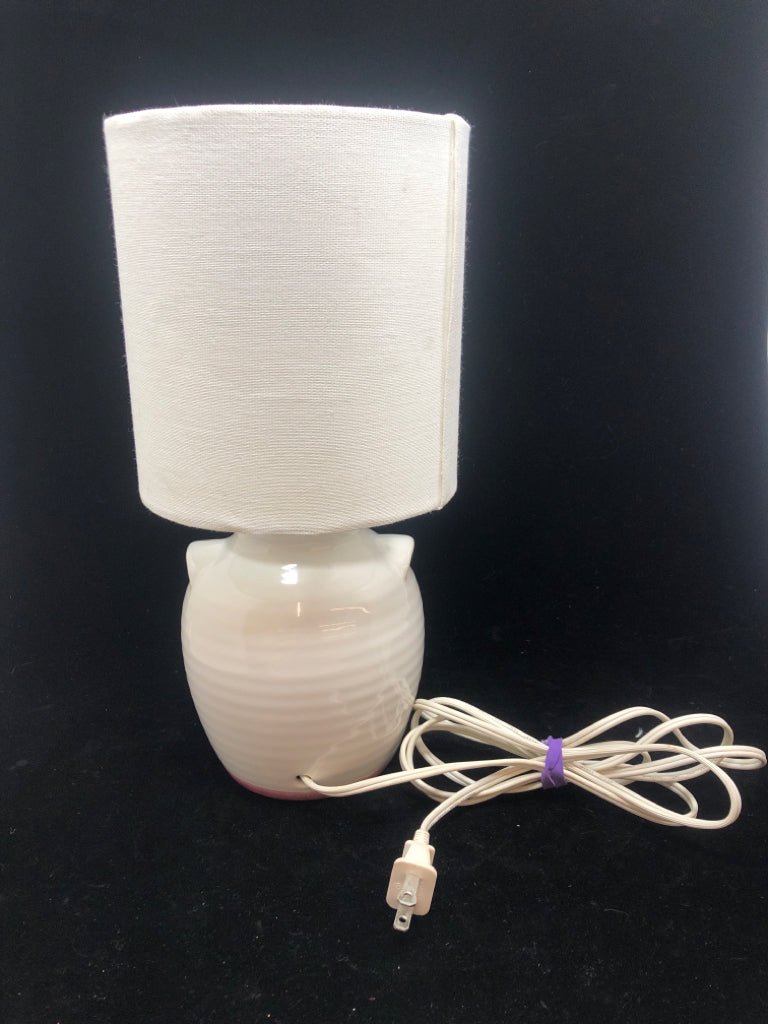 PINK FLOWER PAINTED CERAMIC LAMP W/WHITE SHADE.