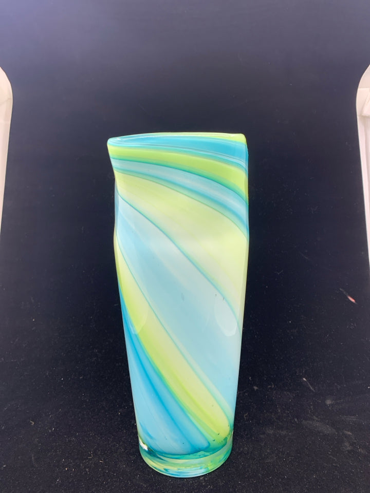 BLUE, YELLOW, GREEN SWIRL GLASS VASE.