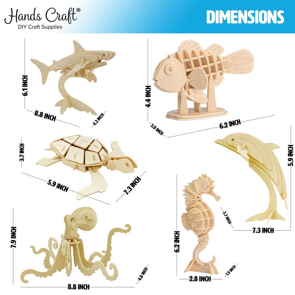 DIY 3D Wooden Puzzle Bundle Set, Pack of 6 Sea Animals Brain Teaser Puzzles