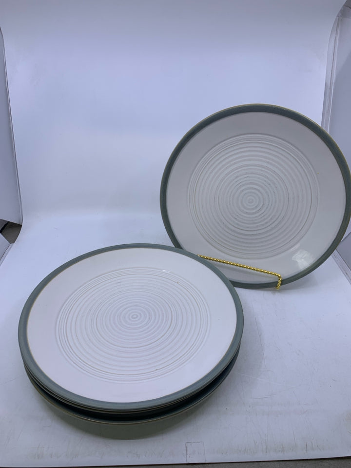 4 WHITE DINNER PLATES W/ GREY RIM.