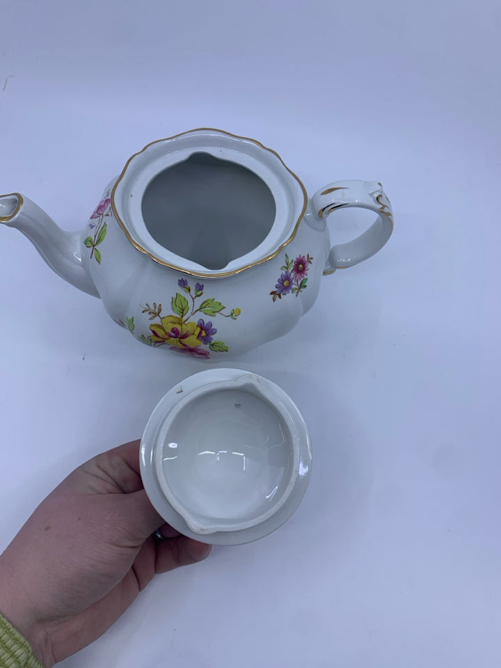 VTG YELLOW AND PURPLE FLORAL TEAPOT- ENGLAND.